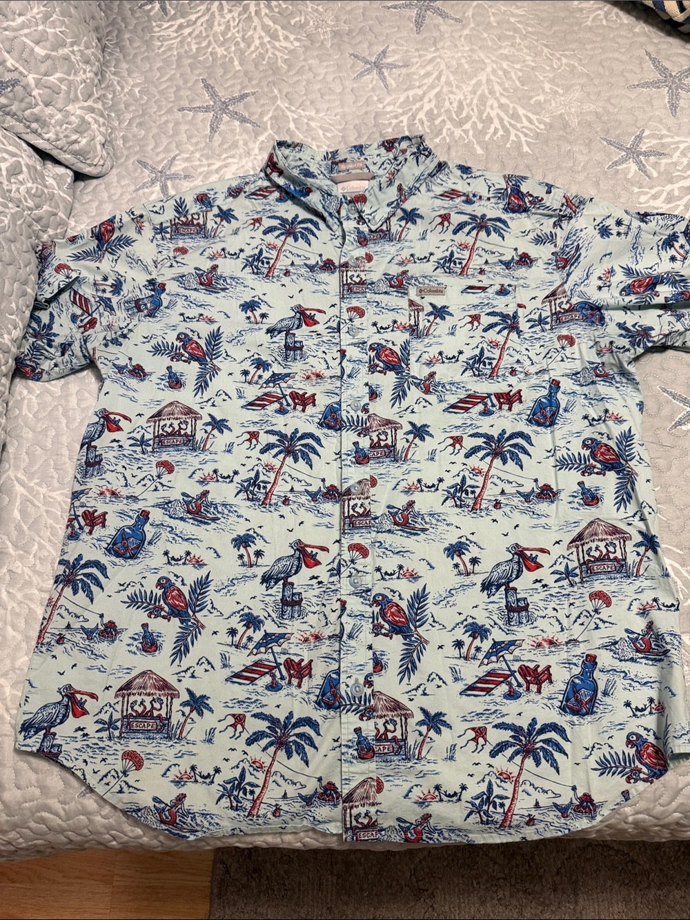 Casual Light Blue Tropical Print Short-Sleeve Button-Down Shirt